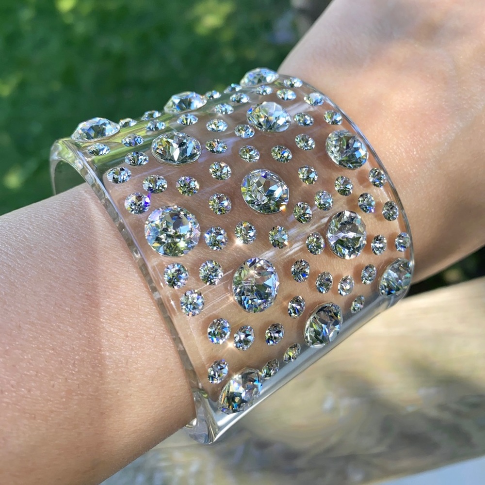 Clear Acrylic Swarovski Crystal Embellished Wide Chunky Cuff Bracelet for Women